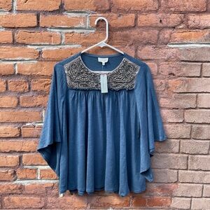 Anthropologie Deletta Cotton Embellished Beaded Flowy Blue Top Petite XS New